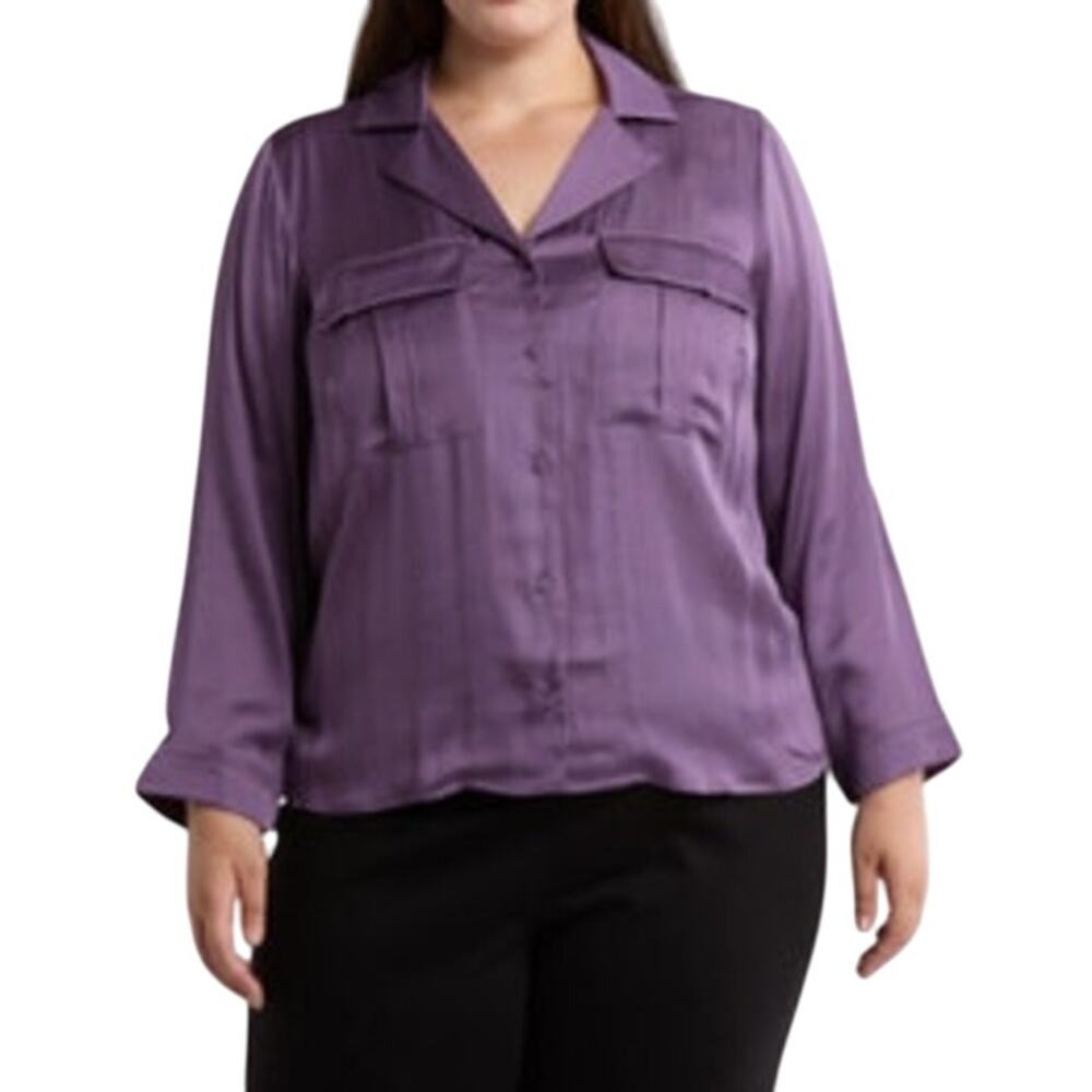 Tahari Satin Camp Shirt Plus Size Boxy Long Sleeve Purple 1X NWT Office Core